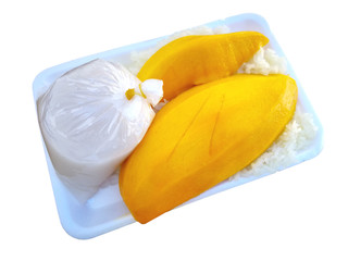 Mango and sticky rice, Thai sweets in a foam package