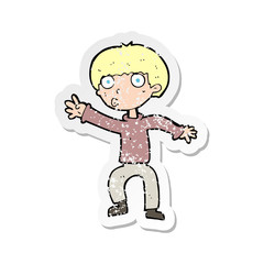 retro distressed sticker of a cartoon boy waving warning
