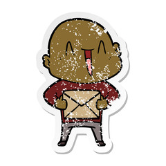 distressed sticker of a happy cartoon bald man