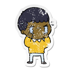 distressed sticker of a cartoon man crying