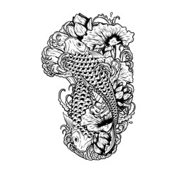 Carp fish with lotus vector tattoo by hand drawing.Beautiful fish on white background.Black and white graphics design art highly detailed in line art style.Koi fish for tattoo or wallpaper.