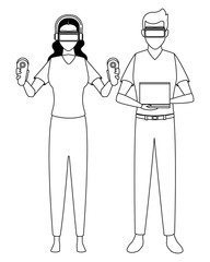 Woman using virtual reality glasses in black and white