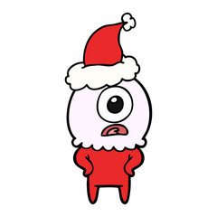 line drawing of a cyclops alien spaceman wearing santa hat