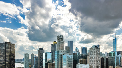 Obraz premium Chicago skyline aerial drone view from above, city of Chicago downtown skyscrapers and lake Michigan cityscape, Illinois, USA