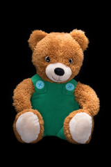Sitting orange toy Teddy Bear with green overall on black background.
