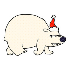 comic book style illustration of a angry polar bear wearing santa hat