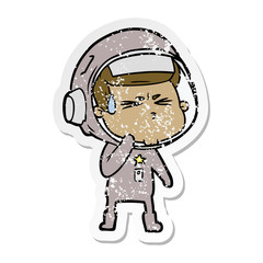 distressed sticker of a cartoon stressed astronaut