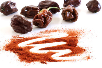 Red pepper chili Habanero Chocolate, Apocalypse Chocolate Capsicum Chinense and pile of red powder isolated on white background.Food concept.