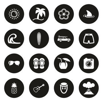 Hawaii or Hawaii Lifestyle Icons White On Black Circle