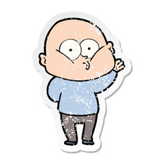 distressed sticker of a cartoon bald man staring
