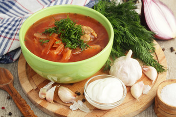A bowl with traditional Ukrainian borscht