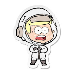 distressed sticker of a cartoon surprised astronaut