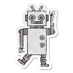 distressed sticker of a cute cartoon dancing robot