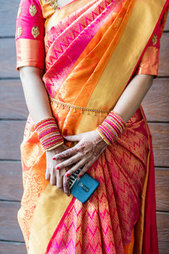 Colorful Silk Saree , Bride , Traditional Hindu Wedding , South India