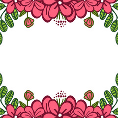Vector illustration various shape pink flower frame with green leaves