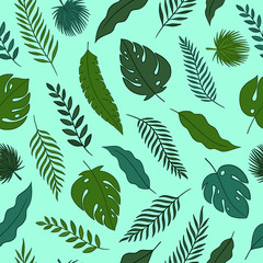 Fototapeta premium Tropical jungle leaves seamless pattern. Hand drawn vector illustration on teal background. For fashion, textile, web, print, surface design