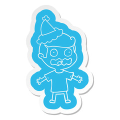 cartoon  sticker of a man totally stressed out wearing santa hat