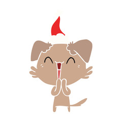 laughing little dog flat color illustration of a wearing santa hat