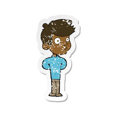 retro distressed sticker of a cartoon boy staring