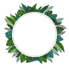 Tropical jungle leaves frame border with a blank circle space for a text, logo, or product designs. View from above. Hand drawn vector illustration.