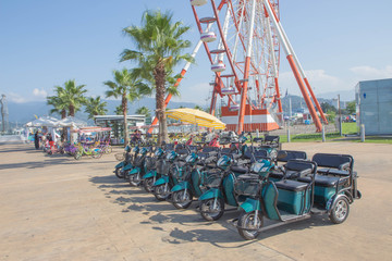 Group of bicycles in the row. Bycicle rent in Batumi