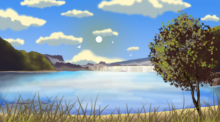 landscape with lake and blue sky