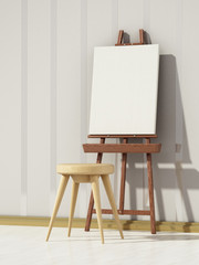 Easels blank canvas and stool standing in a room. 3D illustration
