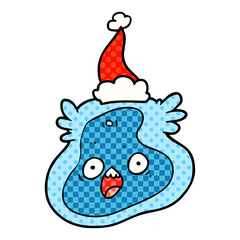 comic book style illustration of a germ wearing santa hat