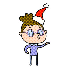 comic book style illustration of a woman wearing glasses wearing santa hat
