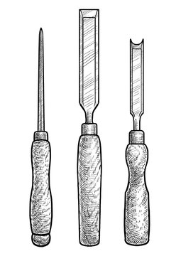 Bradawl illustration, drawing, engraving, ink, line art, vector