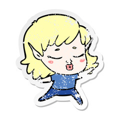 distressed sticker of a pretty cartoon elf girl