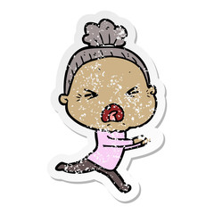 distressed sticker of a cartoon angry old woman