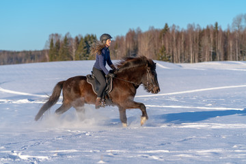 Young Swedish woman enjoying a ride on her Icelandic horse in winter