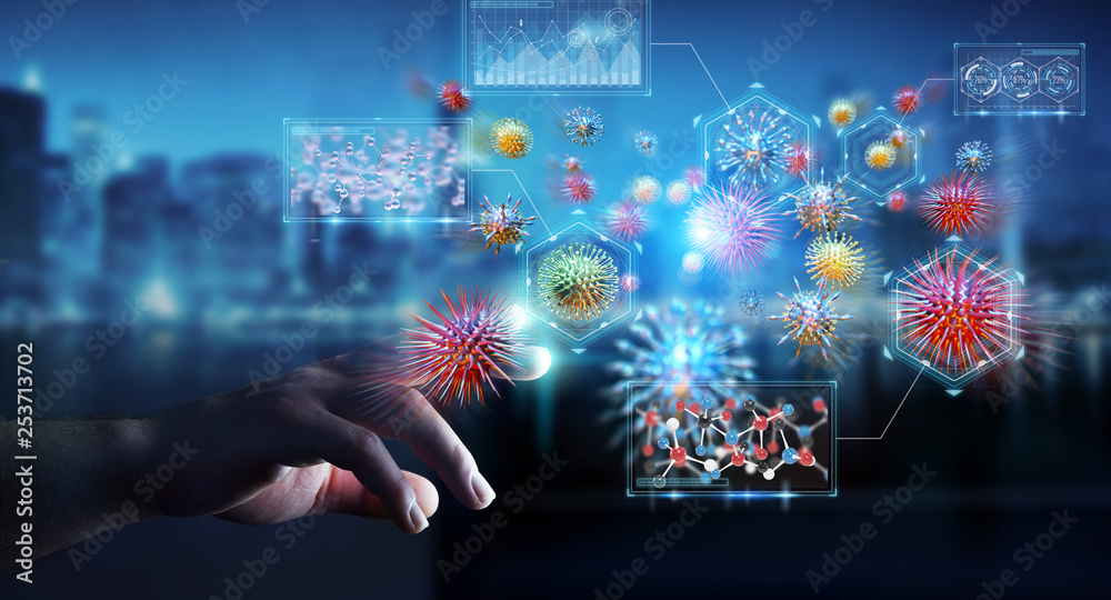 Poster businessman analyzing bacteria microscopic close-up 3d rendering