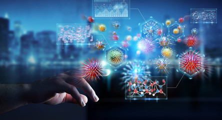 Businessman analyzing bacteria microscopic close-up 3D rendering