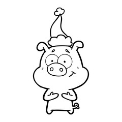 happy line drawing of a pig wearing santa hat