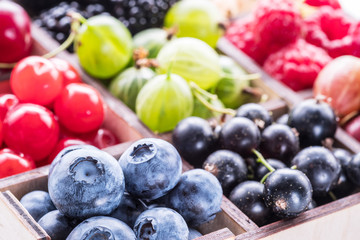 Wooden box with colorful berries. Close-up.