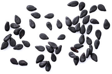 Several black sesame seeds isolated on white background.