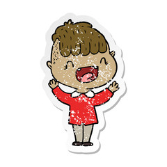 distressed sticker of a cartoon happy boy laughing