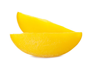 Fresh juicy mango slices isolated on white