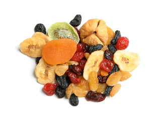 Different dried fruits on white background, top view. Healthy lifestyle
