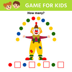 Education logic game for preschool kids. Clown. Children funny riddle entertainment.  Vector illustration