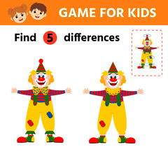 Education logic game for preschool kids. Find the difference the two clown. Children funny riddle entertainment.  Vector illustration