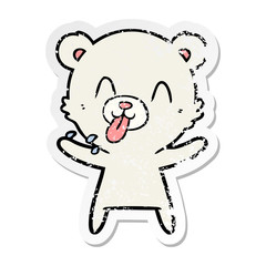 distressed sticker of a rude cartoon polar bear sticking out tongue