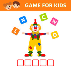 Education logic game for preschool kids. Collect the word. Clown. Children funny riddle entertainment.  Vector illustration