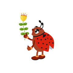 Cute ladybug holding a flower. Vector illustration in cartoon style for presents, invitation,holiday interior design.