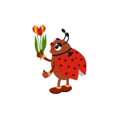 Cute ladybug holding a tulips. Vector illustration in cartoon style for presents, invitation,holiday interior design.
