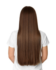 Woman with long brown hair on white background