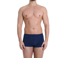 Fototapeta premium Young man on white background, closeup. Weight loss