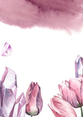 watercolor pink tulips with rose paint splash and pink crystal on white background for greetings card